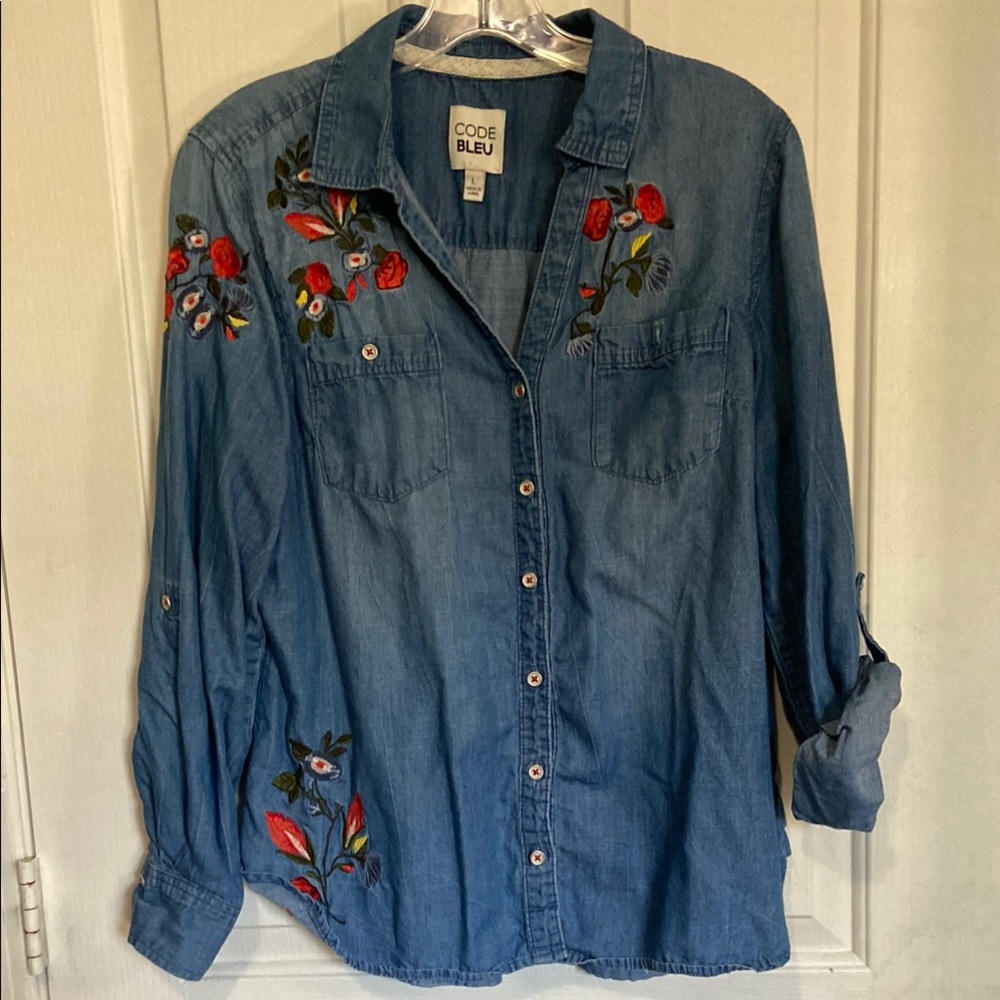 Code Bleu Denim Shirt with Floral Embroidery